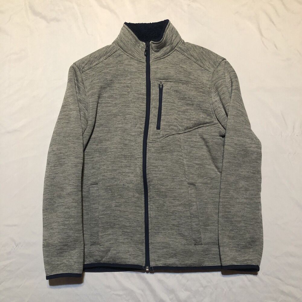 Izod Zip Men Sherpa Fleece Jacket M Gray Navy Blue
